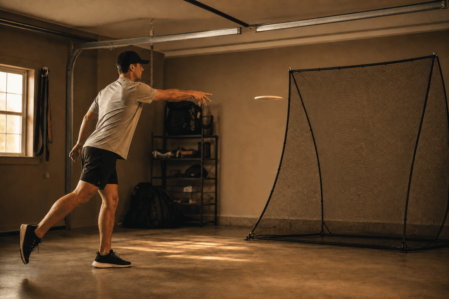 Discgolfspiller i repetisjonstrening mot treningsnett hjemme